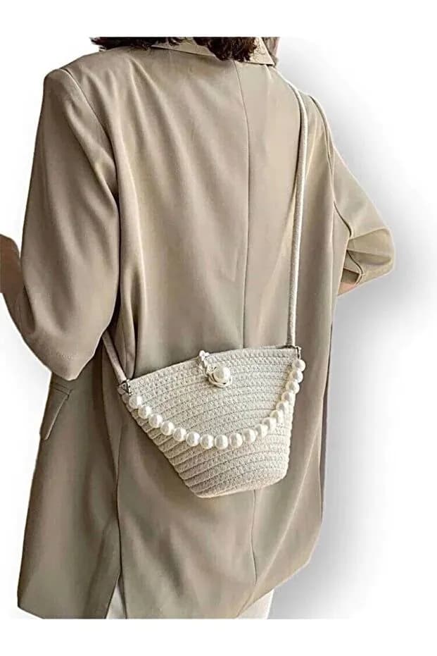 image-Women off white shoulder bag with pearl design elegant baguette