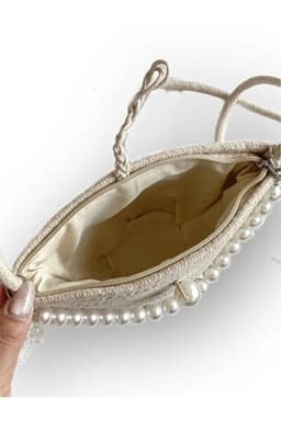 image-Women off white shoulder bag with pearl design elegant baguette