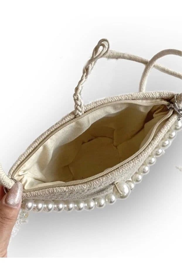 image-Women off white shoulder bag with pearl design elegant baguette