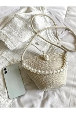 image-Women off white shoulder bag with pearl design elegant baguette