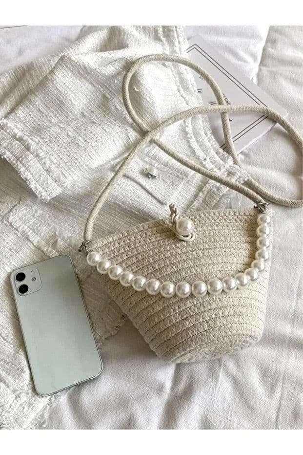 image-Women off white shoulder bag with pearl design elegant baguette