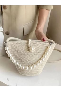 image-Women off white shoulder bag with pearl design elegant baguette