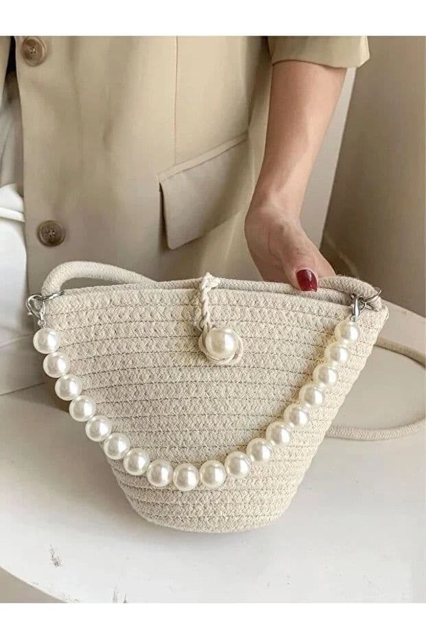 image-Women off white shoulder bag with pearl design elegant baguette