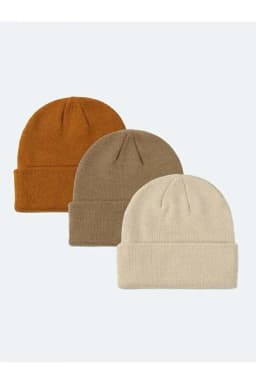 image-Unisex Foldable Beanie Hat Set – Mustard, Taupe & Stone (3-Pack)