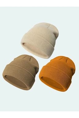 image-Unisex Foldable Beanie Hat Set – Mustard, Taupe & Stone (3-Pack)