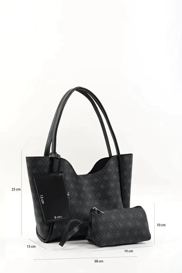 image-Monogram black SHK108 faux leather women hand and shoulder bag with
