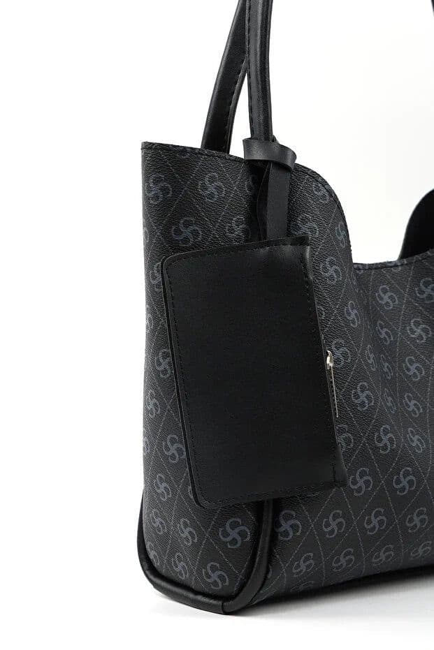 image-Monogram black SHK108 faux leather women hand and shoulder bag with