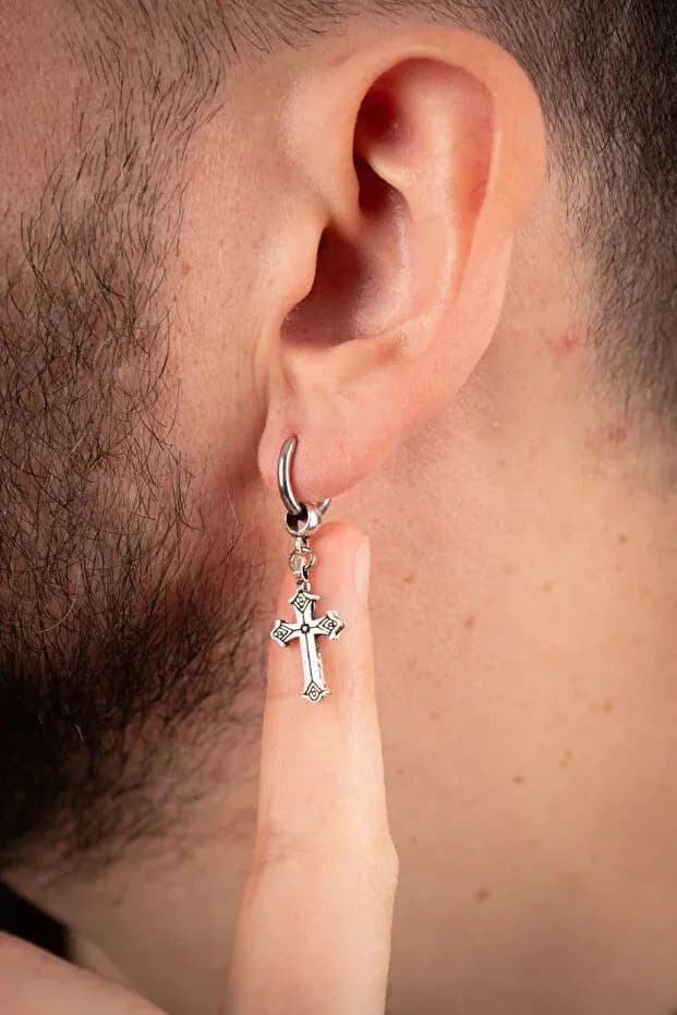image-Men Stainless Steel Cross Dangle Hoop Earring Durable Modern Design