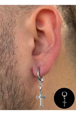 image-Men Stainless Steel Cross Dangle Hoop Earring Durable Modern Design