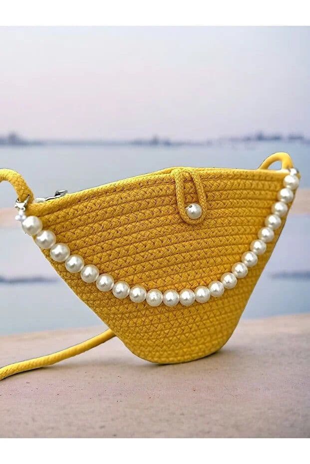 image-Women yellow pearl design shoulder bag elegant daily handbag
