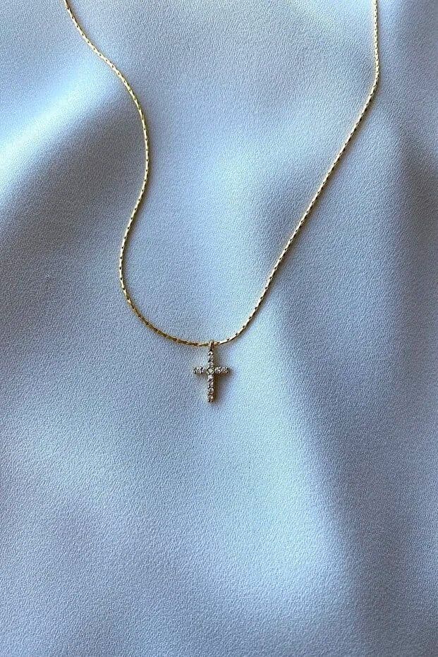 image-Zircon Stone Cross Necklace Elegant Minimal Women Jewelry