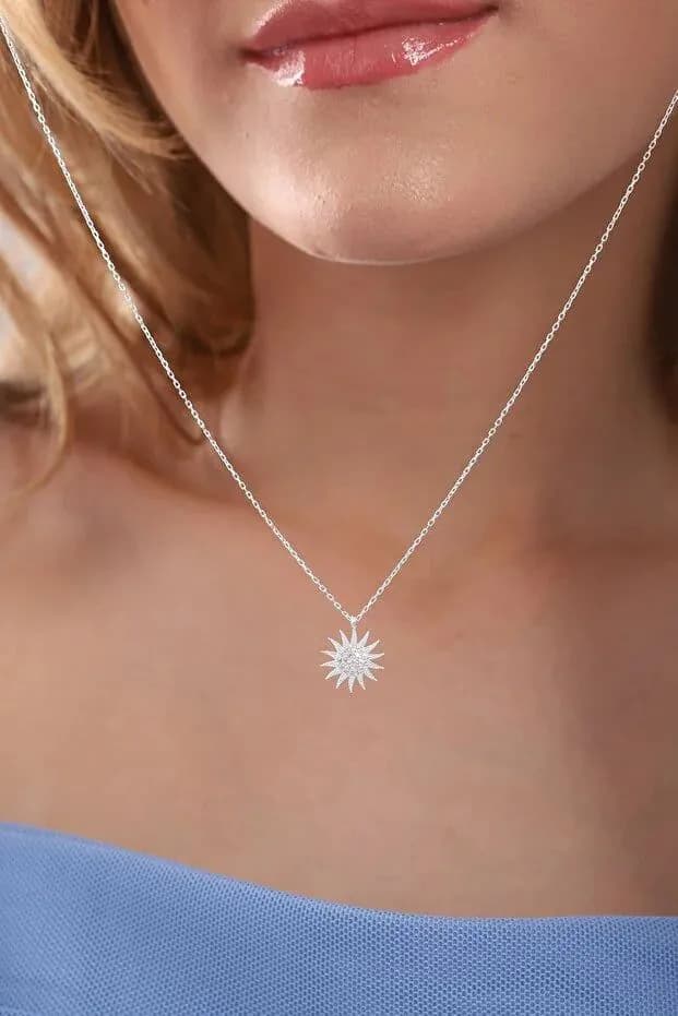 image-925 Sterling Silver Sun Pendant Necklace with White Zircon Stone