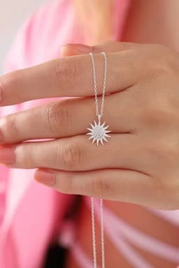 image-925 Sterling Silver Sun Pendant Necklace with White Zircon Stone