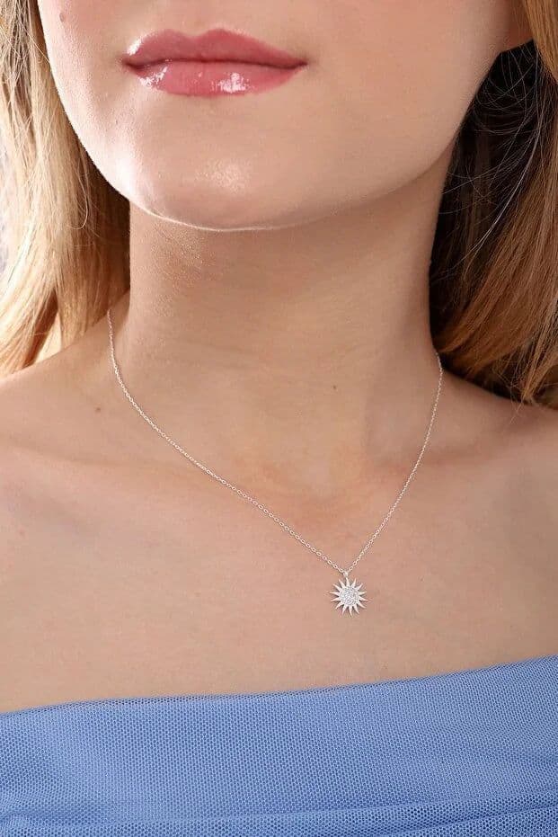 image-925 Sterling Silver Sun Pendant Necklace with White Zircon Stone