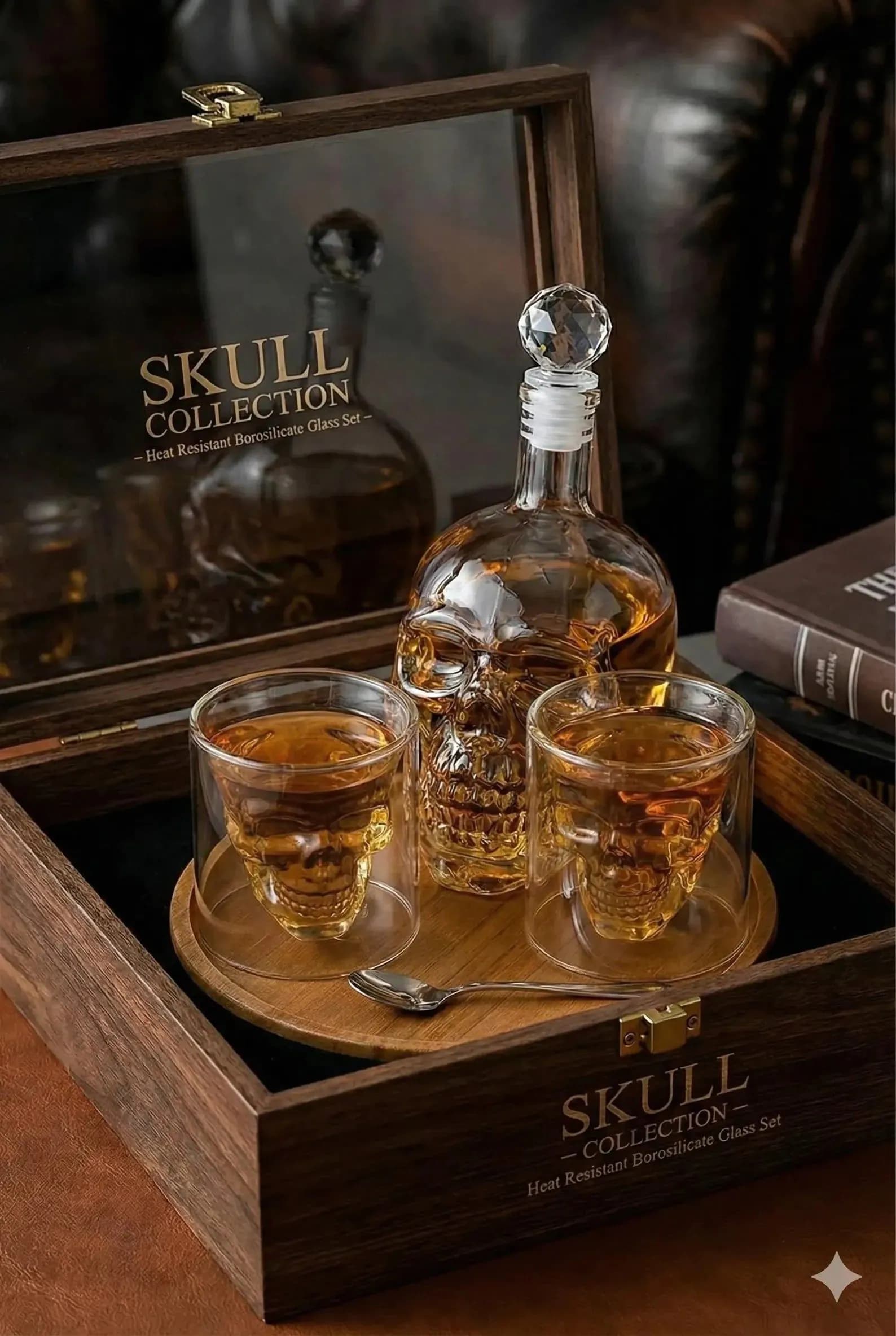 image-Skull Whiskey Decanter Set – 350ml Crystal Skull Decanter with 2