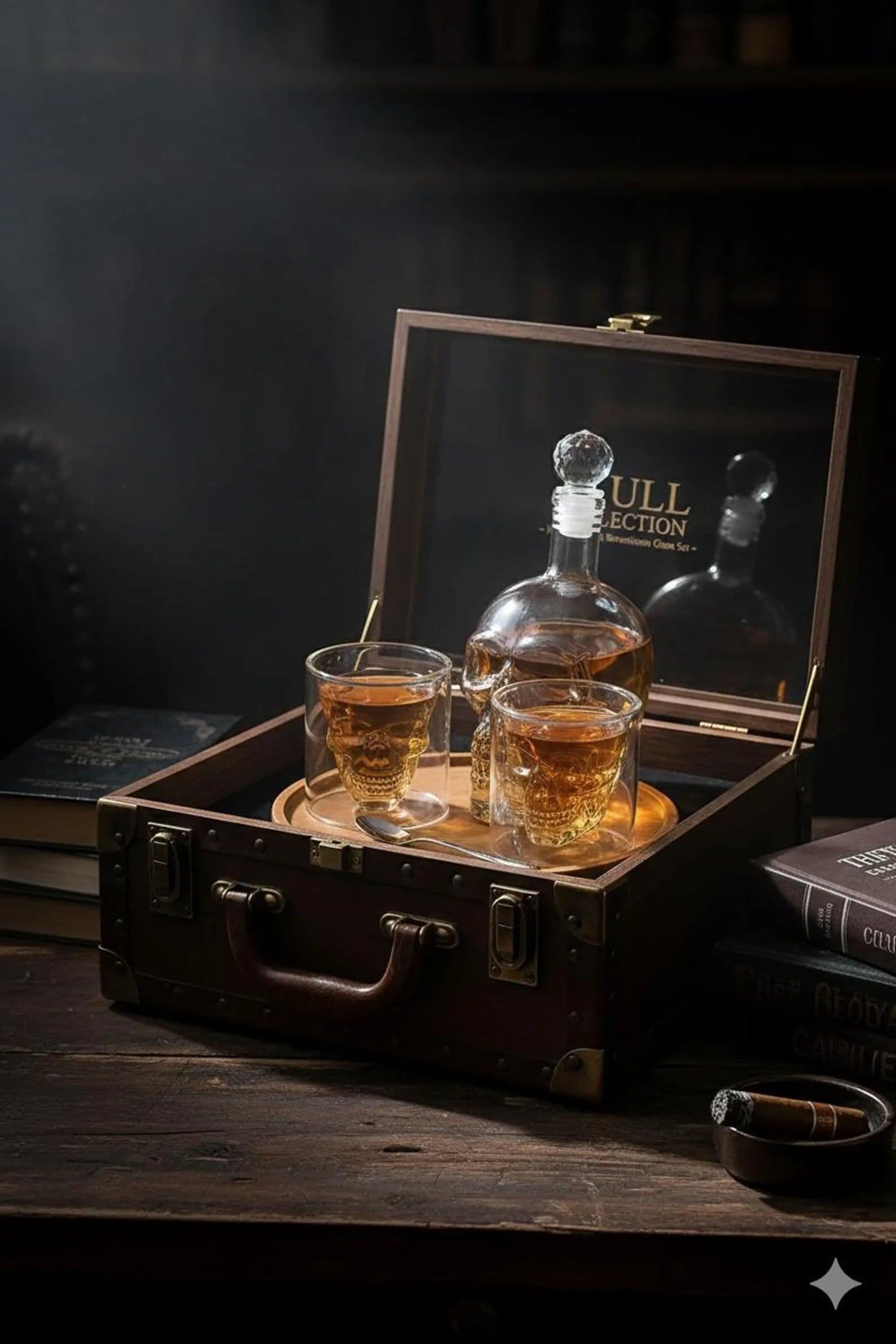 image-Skull Whiskey Decanter Set – 350ml Crystal Skull Decanter with 2