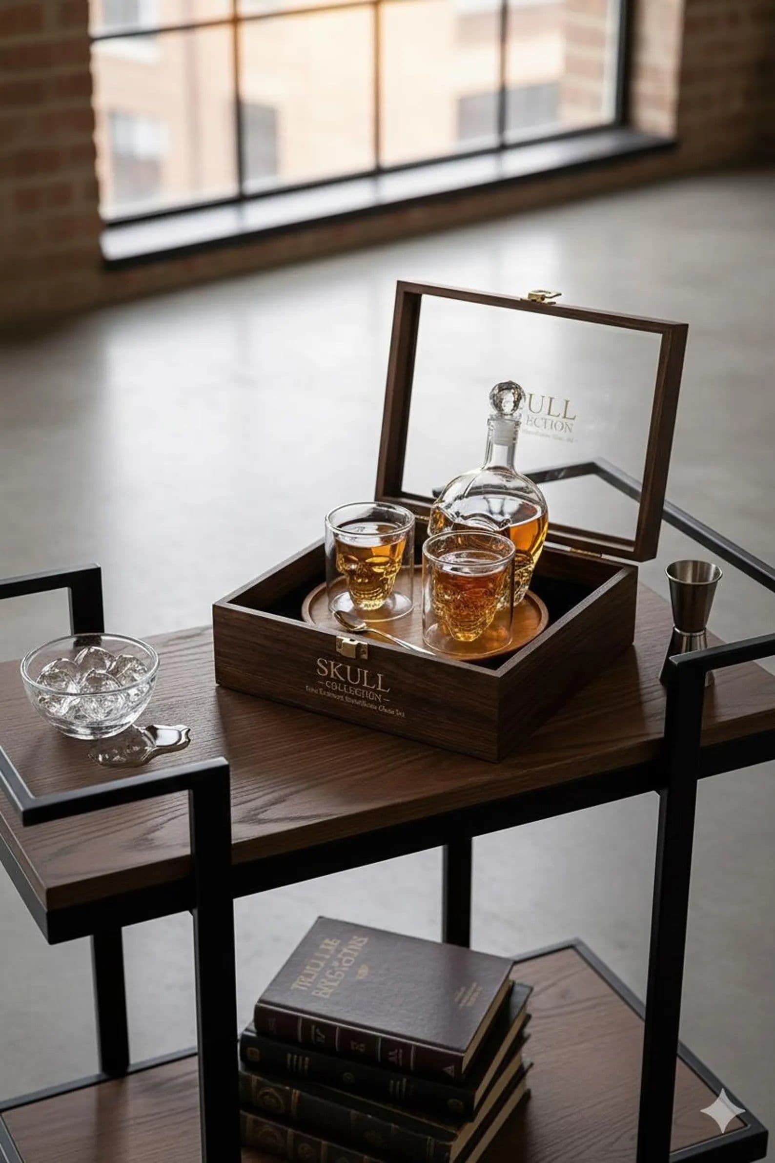 image-Skull Whiskey Decanter Set – 350ml Crystal Skull Decanter with 2