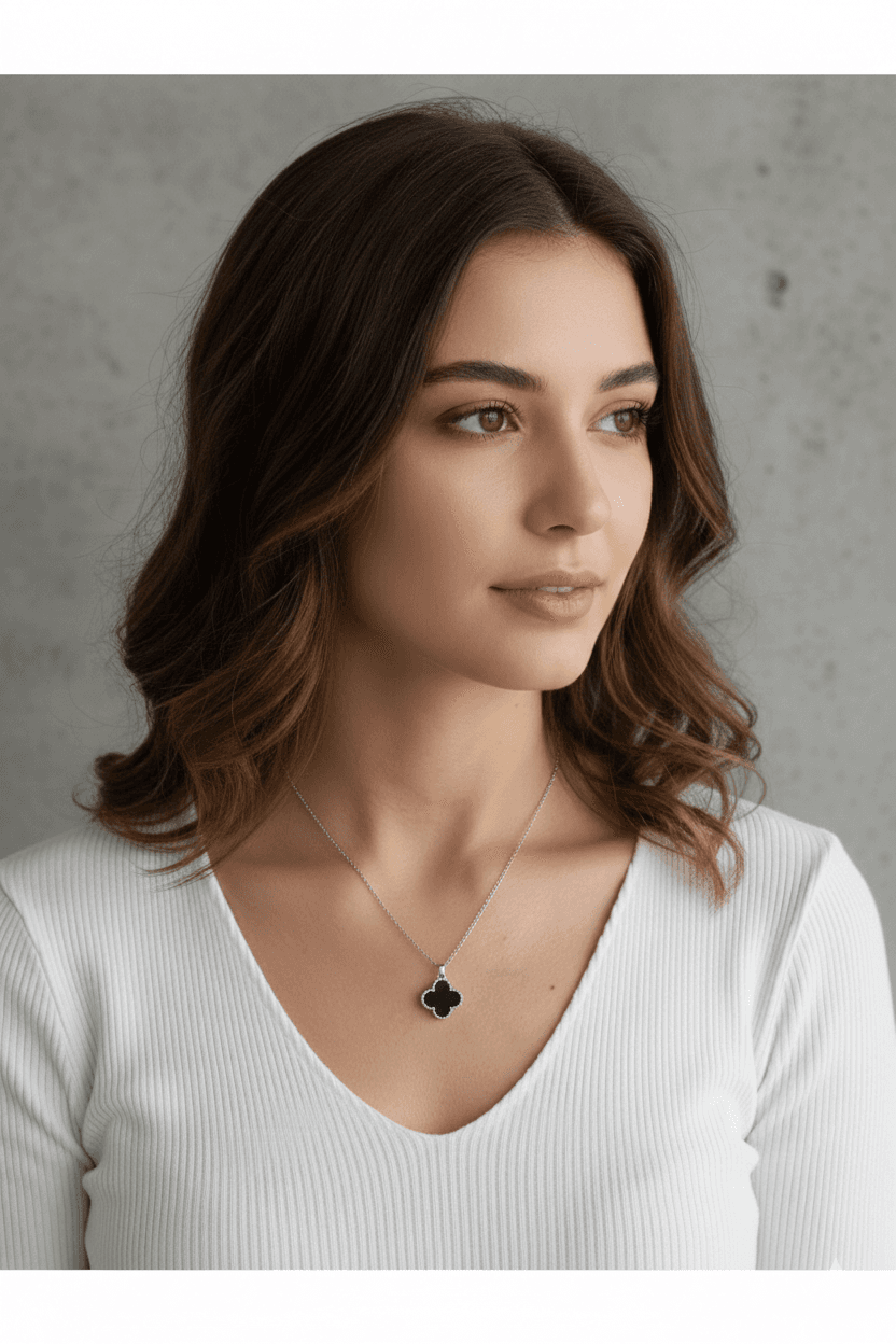 image-Stainless Steel Silver Black Clover Necklace for Women