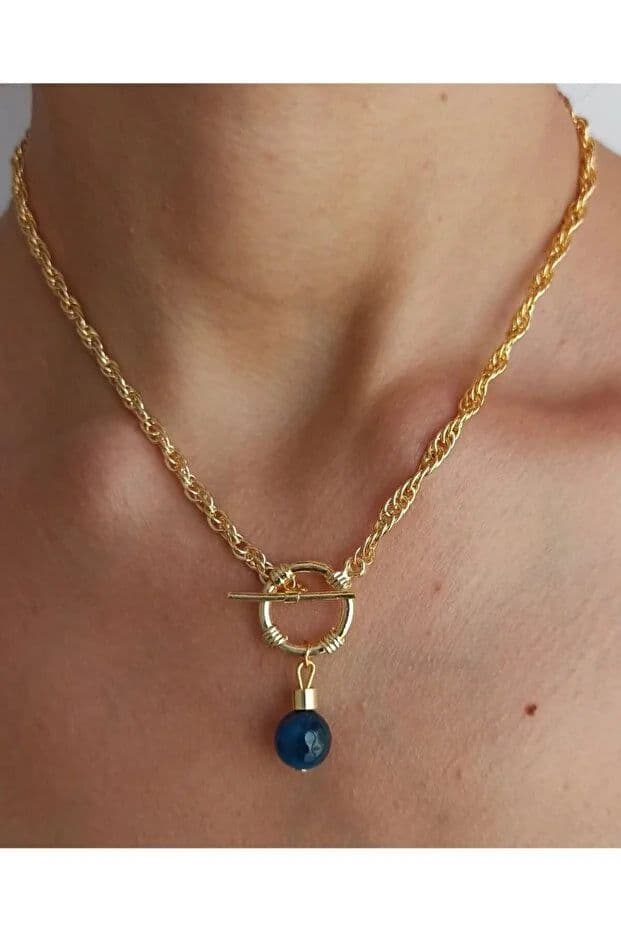 image-Natural Stone Front Lock Chain Necklace Elegant Minimal Fashion