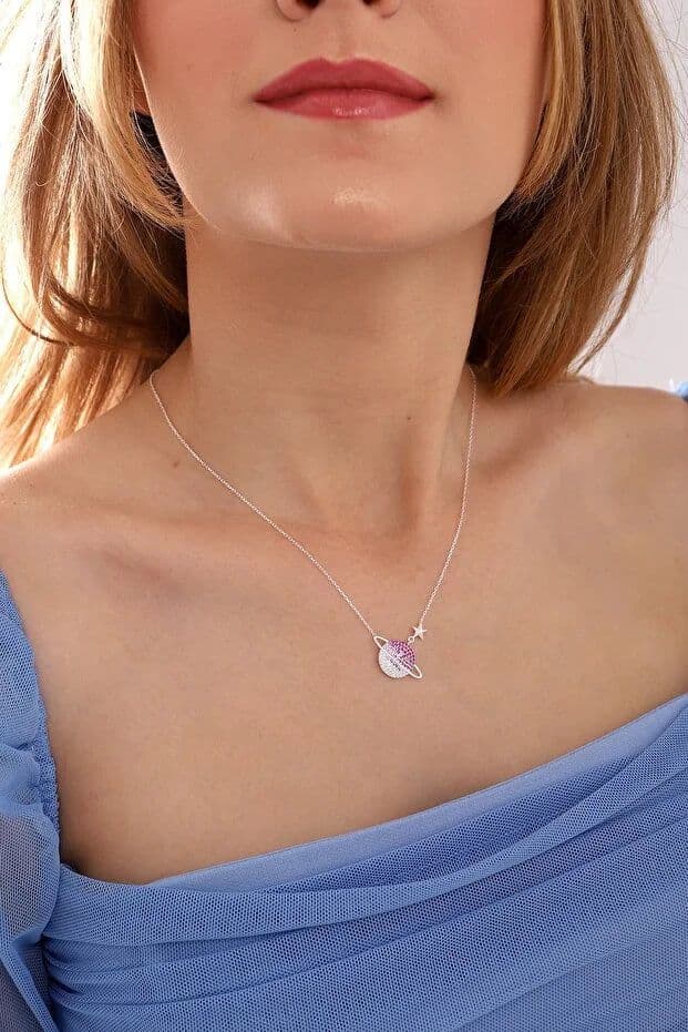image-925 Sterling Silver Planet Necklace with Gradient Red Stone