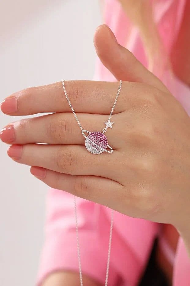 image-925 Sterling Silver Planet Necklace with Gradient Red Stone