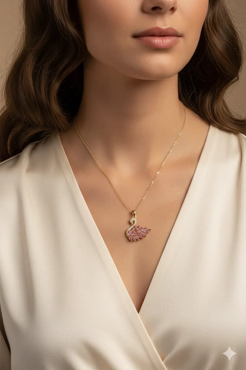 image-Stainless Steel Pink Swan Necklace for Women
