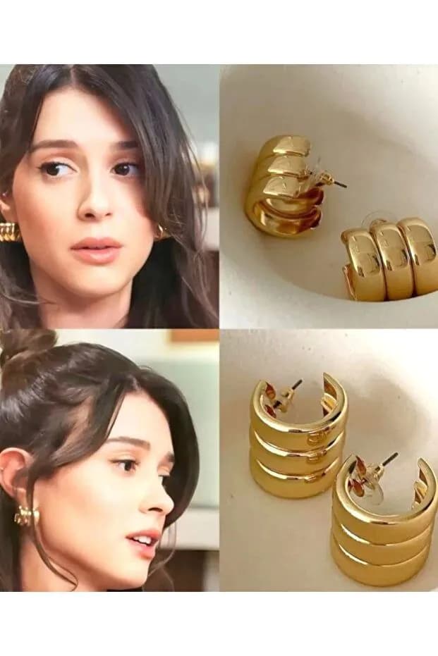image-Premium Three Row Steel Rounded Earrings for Women Elegant Daily