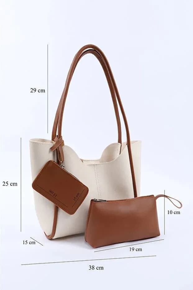 image-Cream tan SHK108 faux leather women hand and shoulder bag with wallet