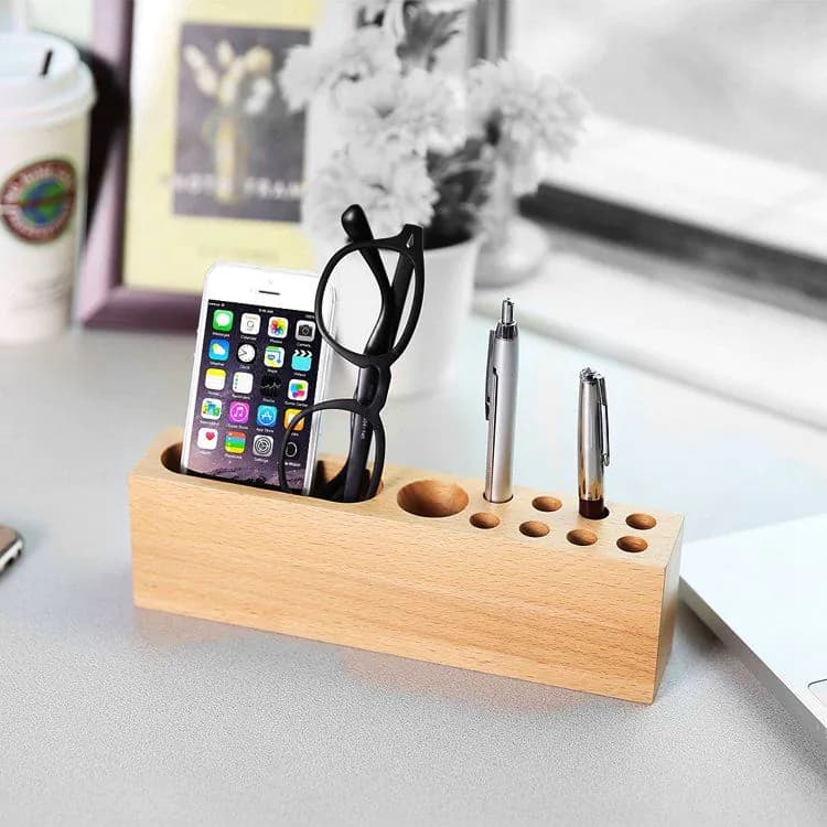 image-Wood Phone Holder & Pen Container