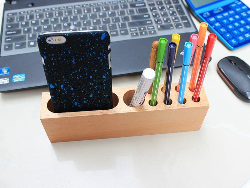 image-Wood Phone Holder & Pen Container