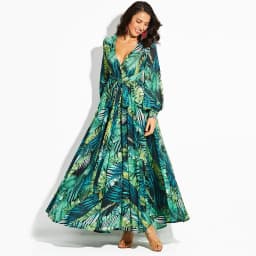image-2019 Summer Bohemian Amazon New Lantern Sleeve V-Neck Green Leaf Printed Skirt Large Swing Skirt