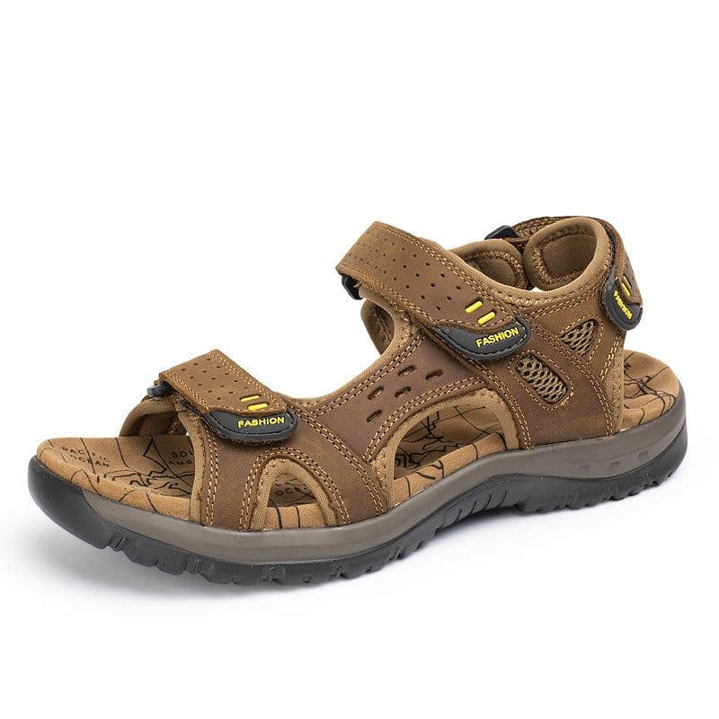 image-Men's Sandals Khaki Cowhide Casual Open Toe Size 48