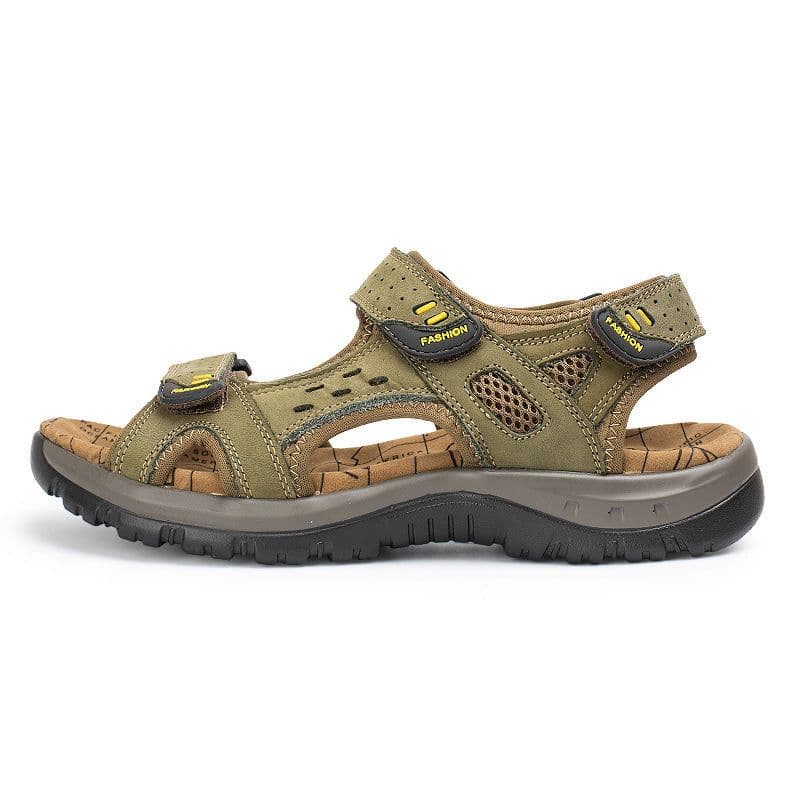 image-Men's Sandals Khaki Cowhide Casual Open Toe Size 48