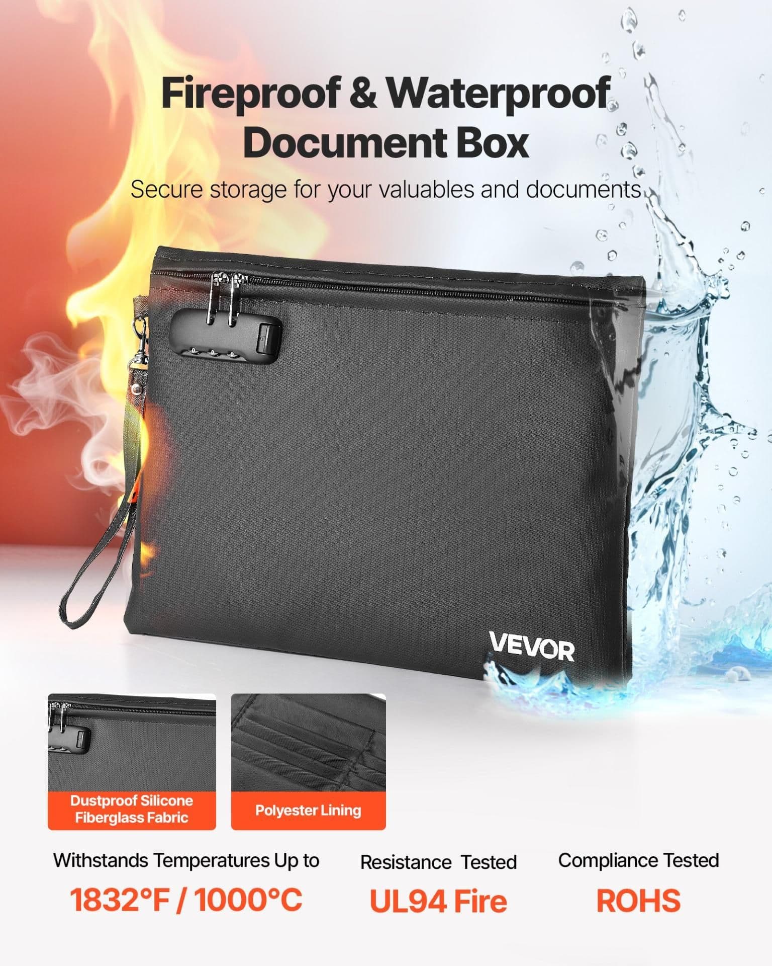 image-VEVOR Fireproof Document Bag, 1832 ℉ Heat Insulated Fireproof & Waterproof Bag with Lock, Portable File Storage Security Organizer Home Office Travel Use, for Passports, Important Documents & Files