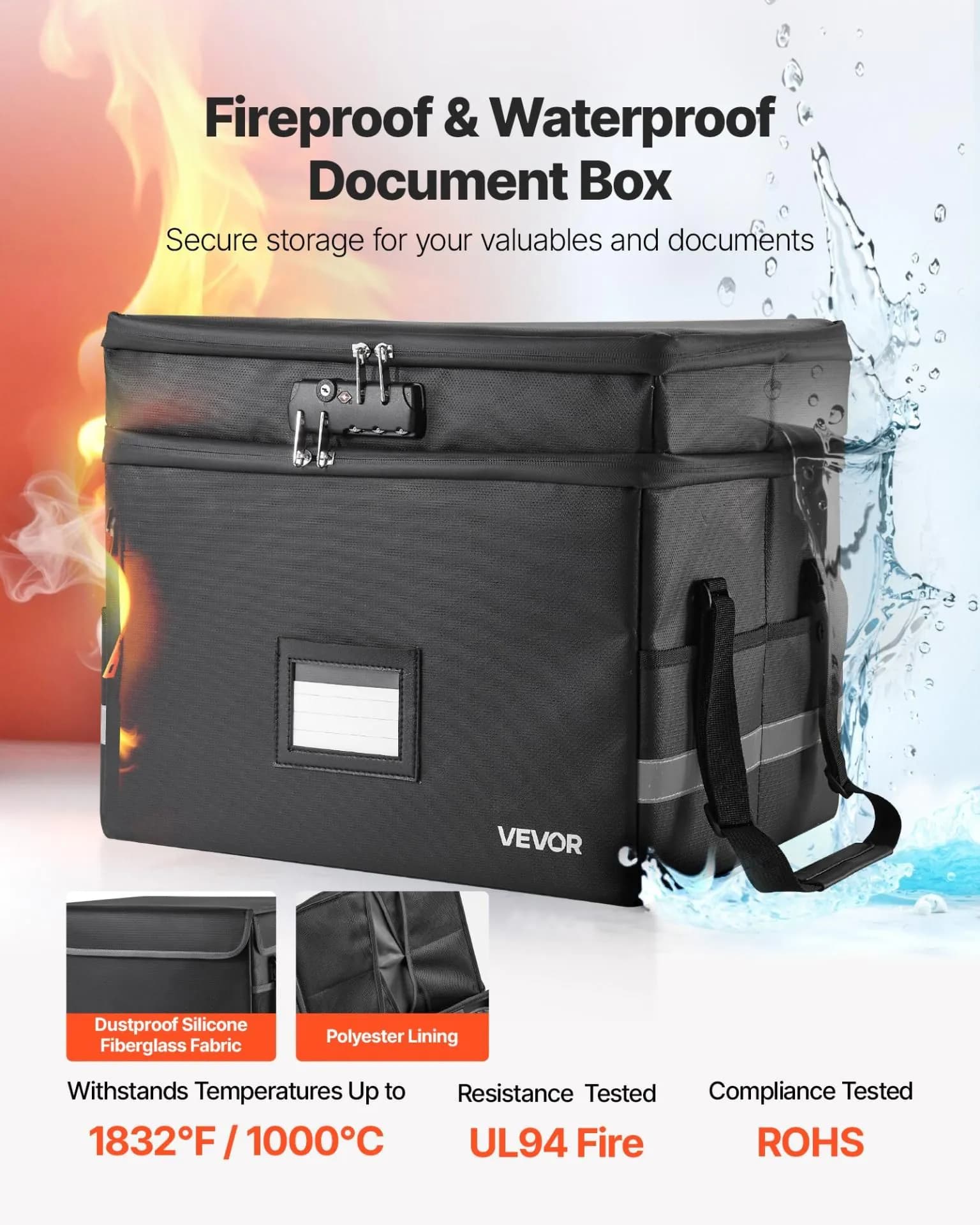 image-VEVOR Fireproof Document Box, 1832 ℉ Heat Insulated Fireproof & Waterproof Box with Lock, Portable Two-Layer File Storage Organizer Home Office Travel Use, for Passports, Important Documents, Files