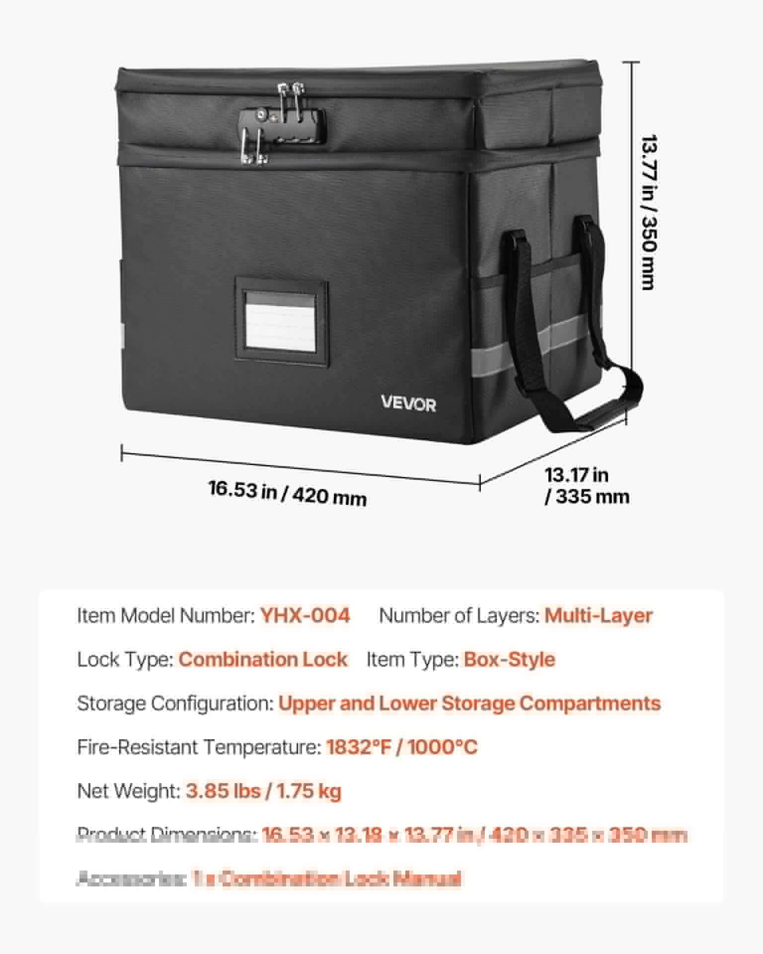 image-VEVOR Fireproof Document Box, 1832 ℉ Heat Insulated Fireproof & Waterproof Box with Lock, Portable Two-Layer File Storage Organizer Home Office Travel Use, for Passports, Important Documents, Files