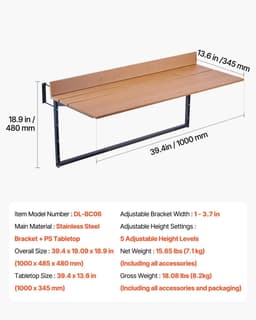 image-VEVOR Balcony Hanging Table, 15 x 39 in Folding Balcony Railing Table, Outdoor Balcony Bar Table for Railings, 5-Level Adjustable, Fit Railing from 1" to 5.3", Serving Table for Patio & Deck