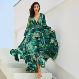 image-2019 Summer Bohemian Amazon New Lantern Sleeve V-Neck Green Leaf Printed Skirt Large Swing Skirt