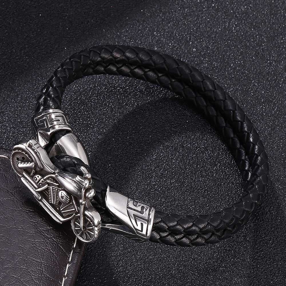 image-Stainless Steel Bracelet Bracelet Factory Jewelry European and American Leather Bracelet Men's Leather Braided Rope Motorcycle Accessories