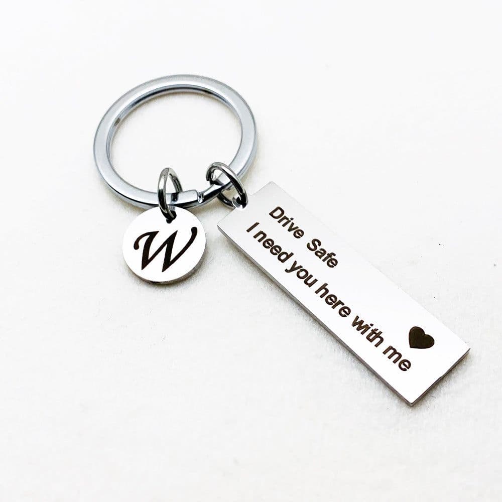 image-Stainless Steel Keychain - 26 Letters Round Plate