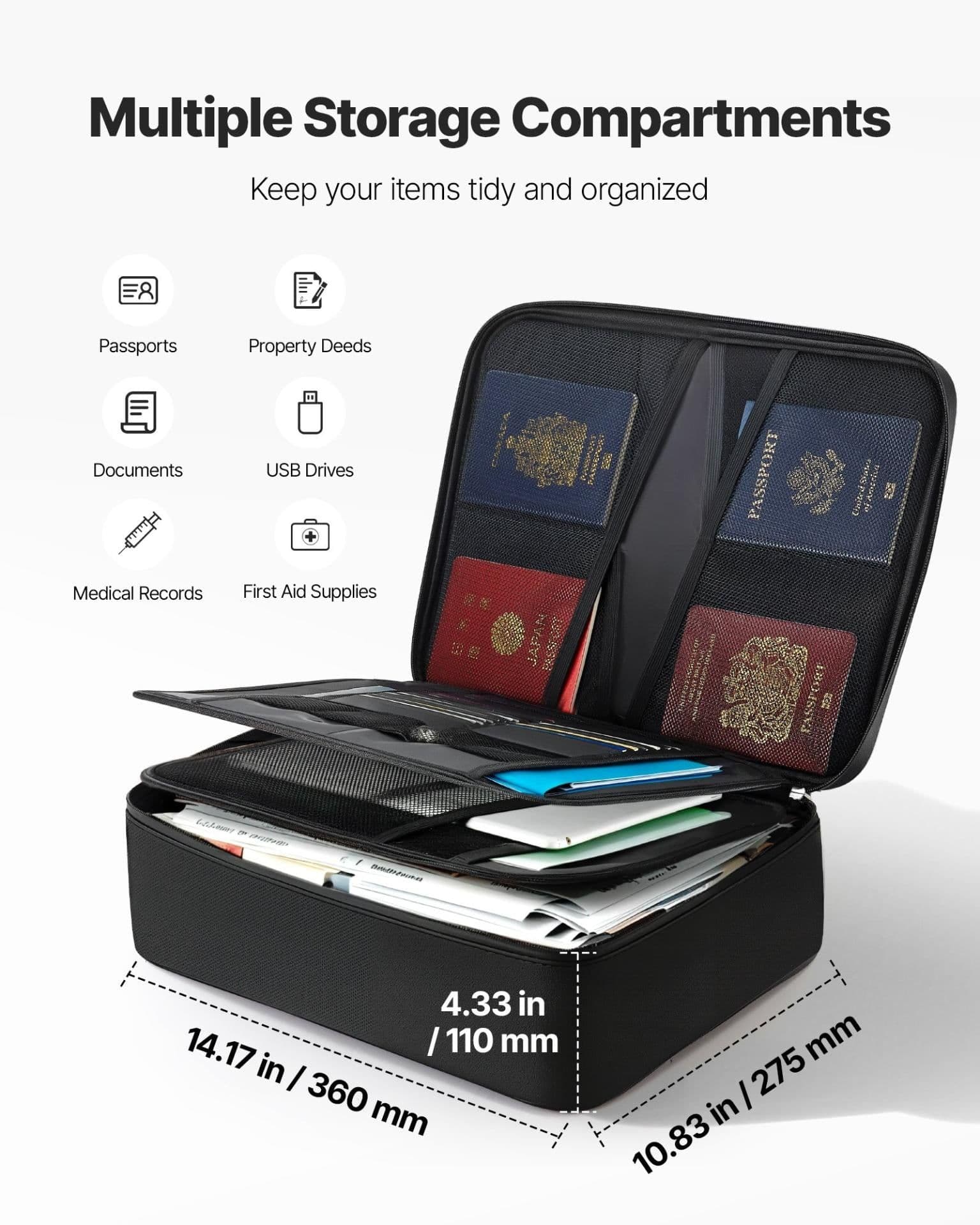 image-VEVOR Fireproof Document Box, 1832 ℉ Heat Insulated Fireproof & Waterproof Box with Lock, Portable Multi-Layer Home Office Travel File Storage Organizer, for Passports, Important Documents, Files