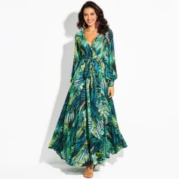 image-2019 Summer Bohemian Amazon New Lantern Sleeve V-Neck Green Leaf Printed Skirt Large Swing Skirt