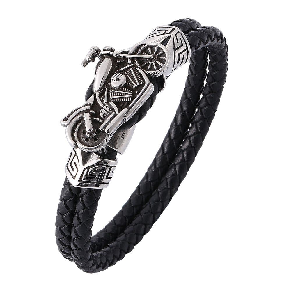 image-Stainless Steel Bracelet Bracelet Factory Jewelry European and American Leather Bracelet Men's Leather Braided Rope Motorcycle Accessories