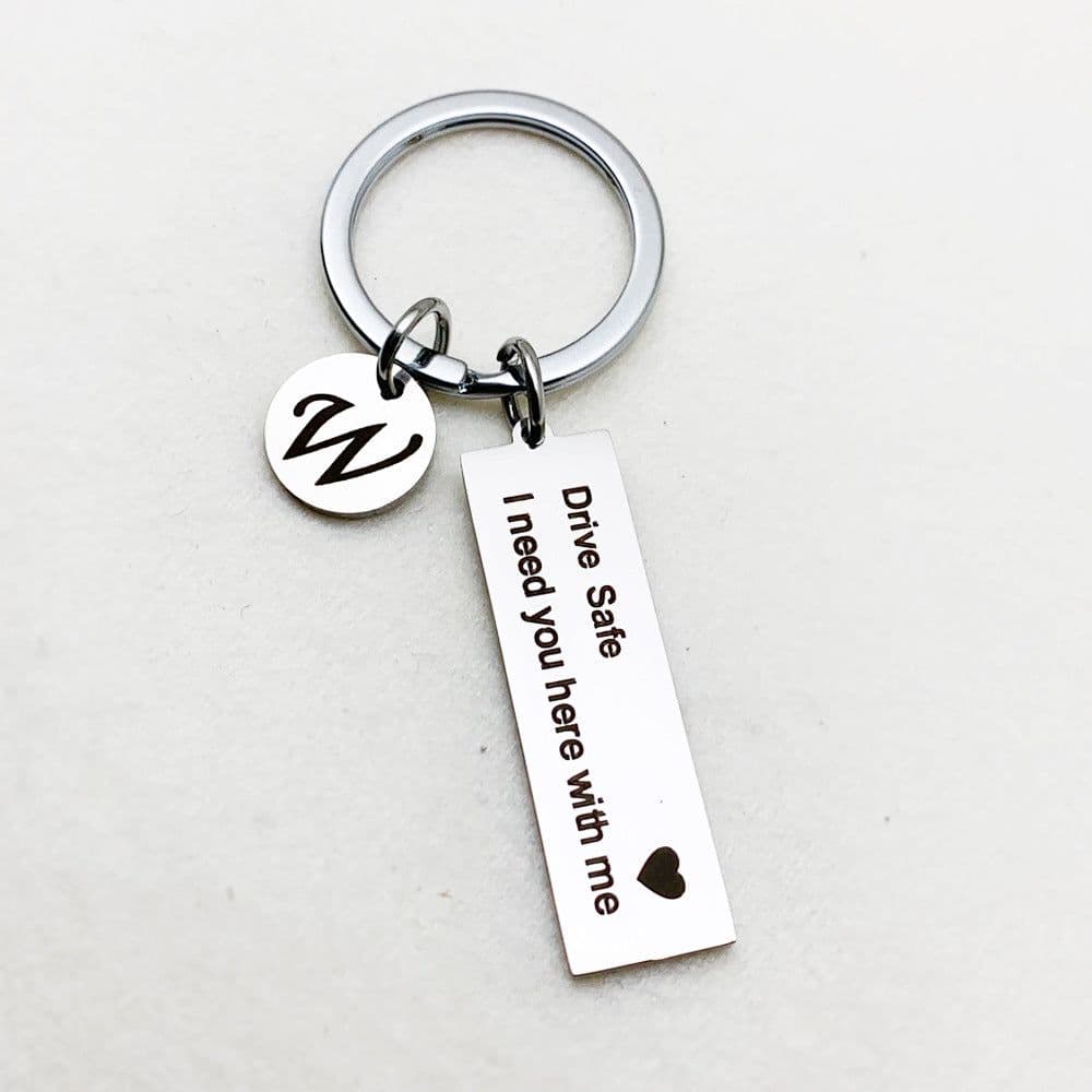 image-Stainless Steel Keychain - 26 Letters Round Plate