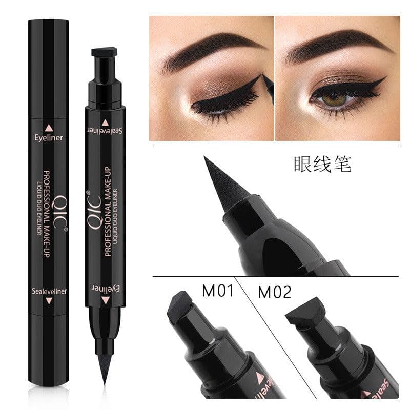 image-QIC double-headed seal triangle eyeliner, waterproof and non-smudge wing liquid eyeliner pen, vibrato net celebrity, the same beauty makeup