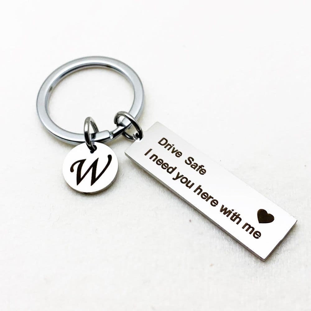 image-Stainless Steel Keychain - 26 Letters Round Plate