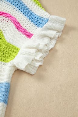 image-White Colorblock Crochet Knit Ruffled Short Sleeve Top