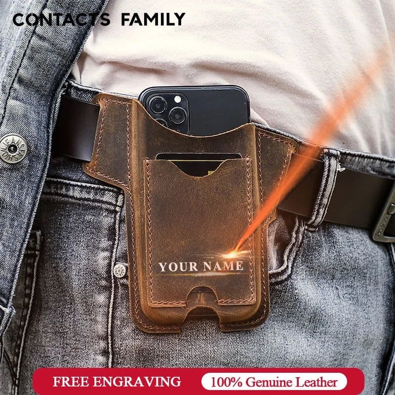 image-CONTACTS FAMILY 100% Nubuck Leather Phone Waist Case Bag Men Cellphone Loop Holster Belt Pouch for iPhone 14 13 12 Pro Max Mini