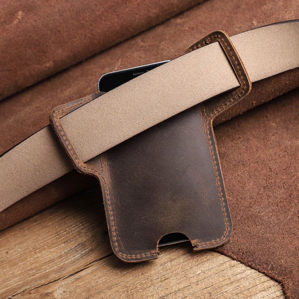 image-CONTACTS FAMILY 100% Nubuck Leather Phone Waist Case Bag Men Cellphone Loop Holster Belt Pouch for iPhone 14 13 12 Pro Max Mini