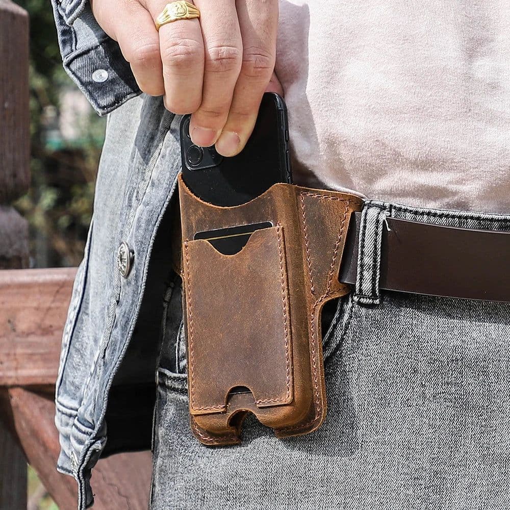 image-CONTACTS FAMILY 100% Nubuck Leather Phone Waist Case Bag Men Cellphone Loop Holster Belt Pouch for iPhone 14 13 12 Pro Max Mini